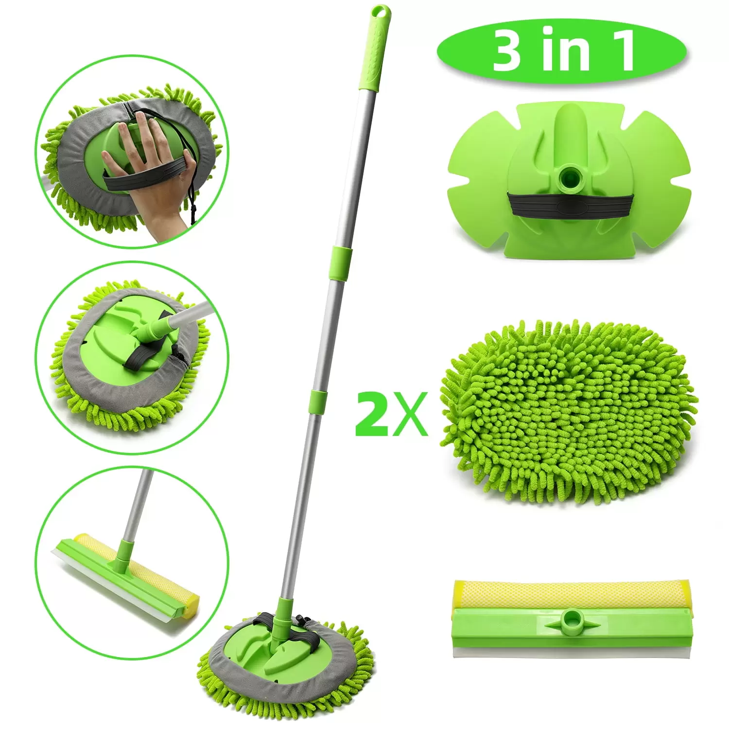 Carcarez Car Wash Brush Kit with 45 Aluminum Alloy Long Handle. 3 in 1 Car Cleaning Mop. Chenille Microfiber Mitt Set. Glass Scrubber Vehicle Cleaner Kit. Green