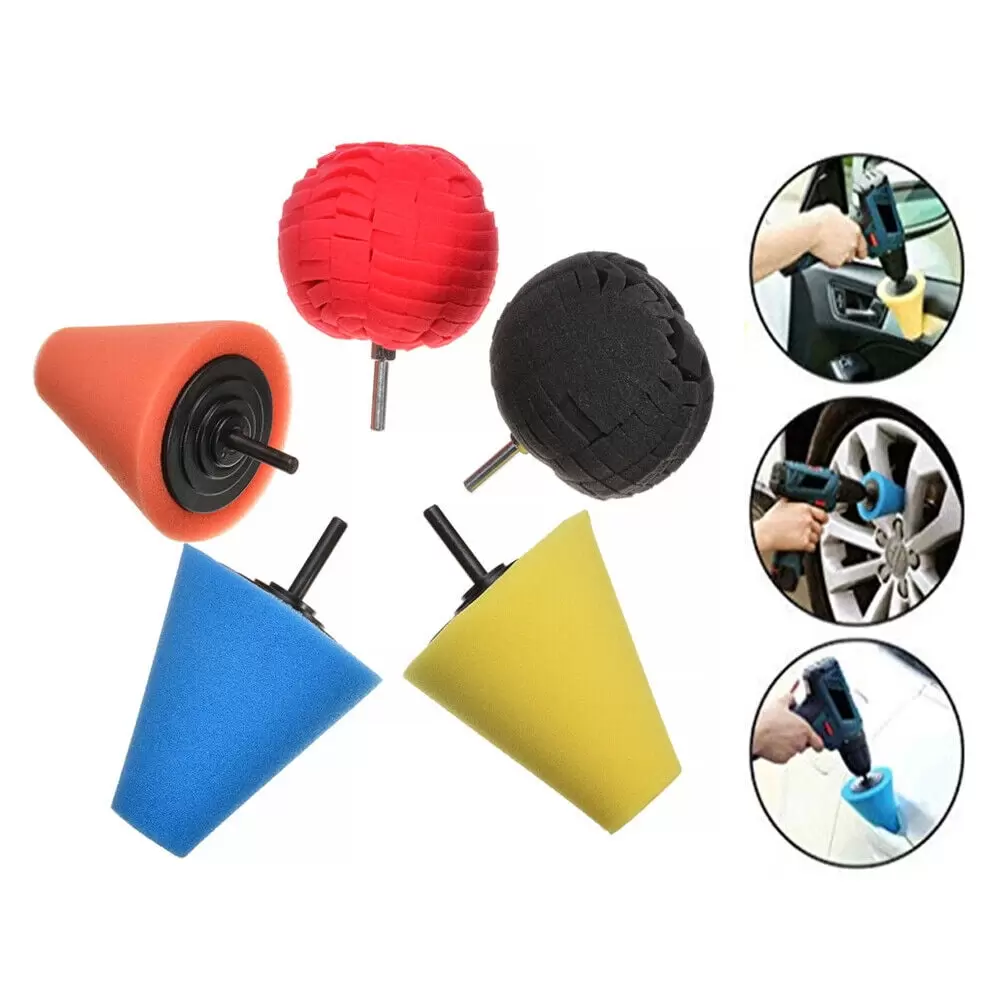 KingFurt 5Pcs Foam Drill Polishing Cone Ball Pads Kit Car Hub Waxing Buffing Wheel Polisher Conical Sponge