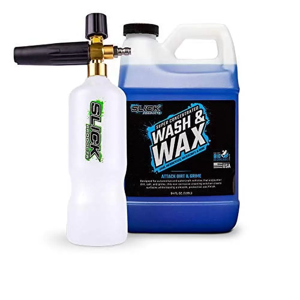 Slick Products Wash & Wax (64 oz.) + Pressure Washer Foam Cannon Bundle - Super Concentrated Car Wash Foam Shampoo for Car. Truck. RV. Motorhome. Toy Hauler. and Boat